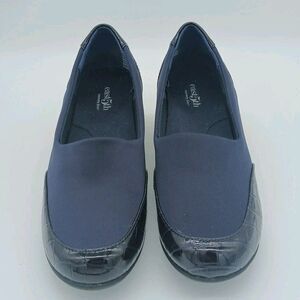 East 5th Elander Womens Moc Closed Toe Slip-On Shoe 7.5M Navy/Patent Wedge